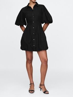 GAP Denim Bubble Mini Shirt Dress with Button-Front and Puff Sleeves in Black